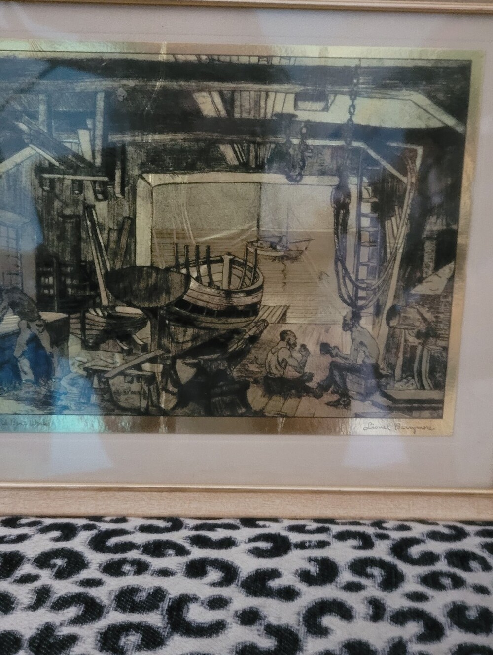 Lionel Barrymore "Old Boat Works" Framed Etching Print. Foil Etching Vintage